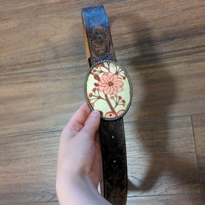 Vintage Brown Leather Belt Floral Buckle and Design